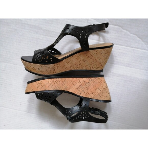 Franco Sarto Leather Platform Wedge Sandals Black Ankle Strap 10M Women’s - Picture 6 of 9